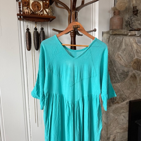 Vintage Turquoise Cotton Princess Cut Summer Midi Dress - Picture 2 of 7